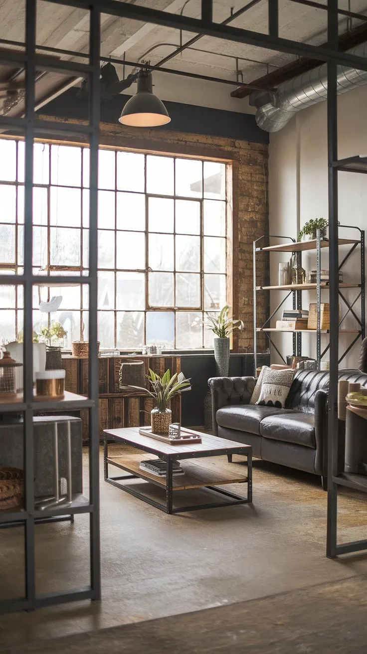 The warmth of reclaimed wood meets the cool edge of black metal in this chic industrial living room.  Rustic industrial home design at its finest, showcasing an industrial farmhouse aesthetic with striking industrial style lighting and a truly unique black metal and wood interior design.  The perfect blend of industrial wood living room comfort and modern style.