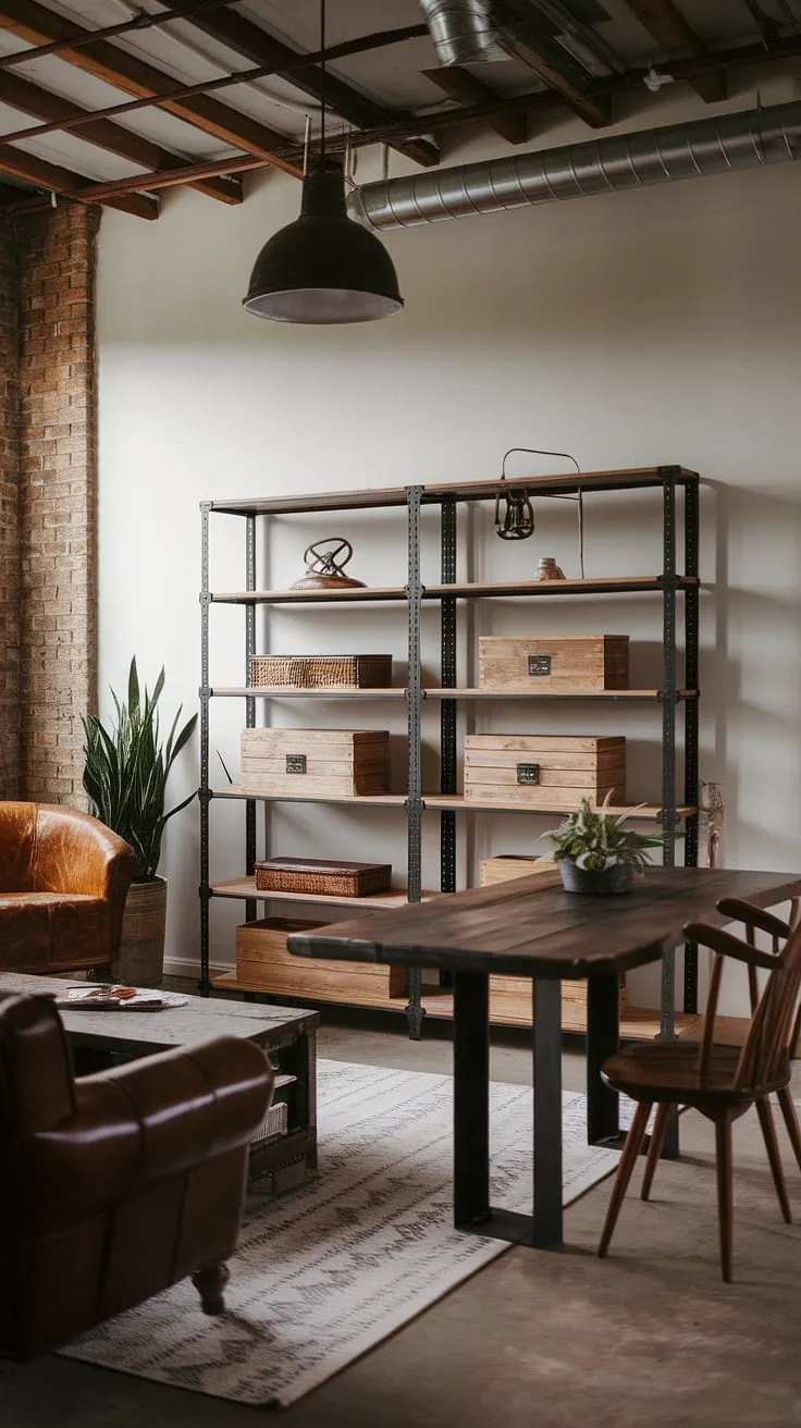 Warmth meets grit in this industrial farmhouse living room.  The rustic industrial home design is perfectly balanced with black metal and wood interior design elements, creating a chic industrial living room bathed in the glow of industrial style lighting.