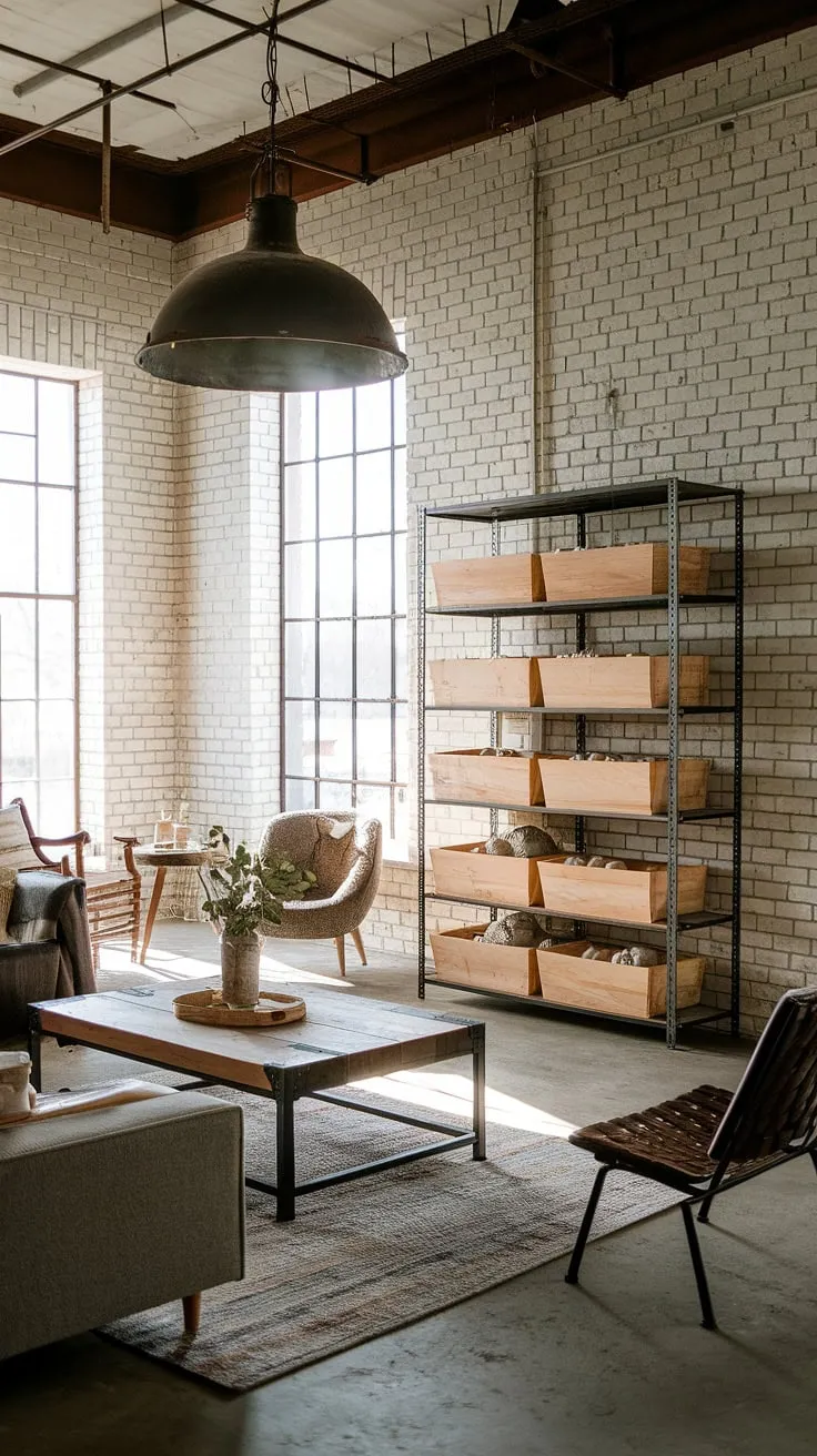 This industrial wood living room perfectly blends rustic charm with modern industrial design.  Black metal and wood interior design elements create a captivating space, showcasing the best of industrial farmhouse living.
