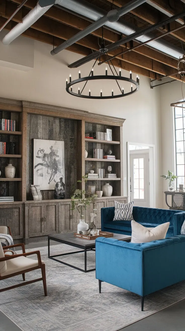 This industrial wood living room perfectly blends rustic charm with modern industrial design.  Black metal and wood interior design elements create a captivating space, showcasing the best of industrial farmhouse living.