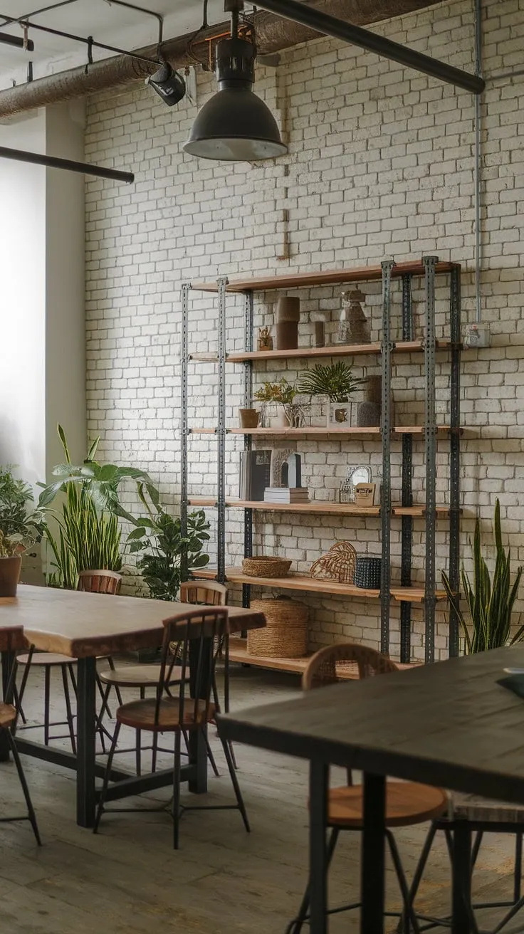 This industrial wood living room perfectly blends rustic charm with modern industrial aesthetics.  Black metal and wood interior design elements create a captivating space, embodying the essence of a sophisticated industrial farmhouse living room.