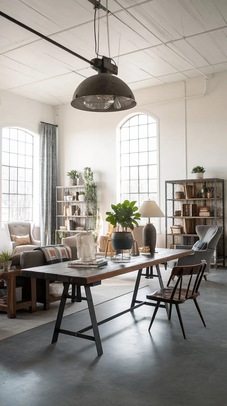This industrial wood living room perfectly blends rustic charm with modern industrial design.  Black metal and wood interior design elements create a captivating space, showcasing the best of industrial farmhouse living.