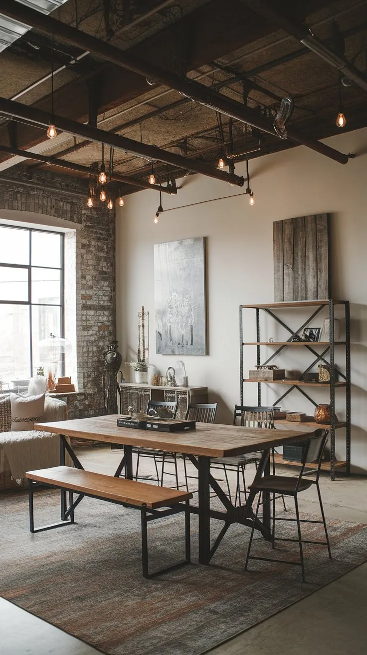 This chic industrial living room seamlessly blends rustic industrial home design with farmhouse charm.  The black metal and wood interior design, highlighted by industrial style lighting and exposed brick, creates a warm and inviting atmosphere in this industrial wood living room.