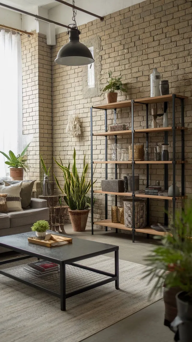 This industrial wood living room perfectly blends rustic charm with modern industrial design.  Black metal and wood interior design elements create a captivating space, embodying the best of industrial farmhouse living.