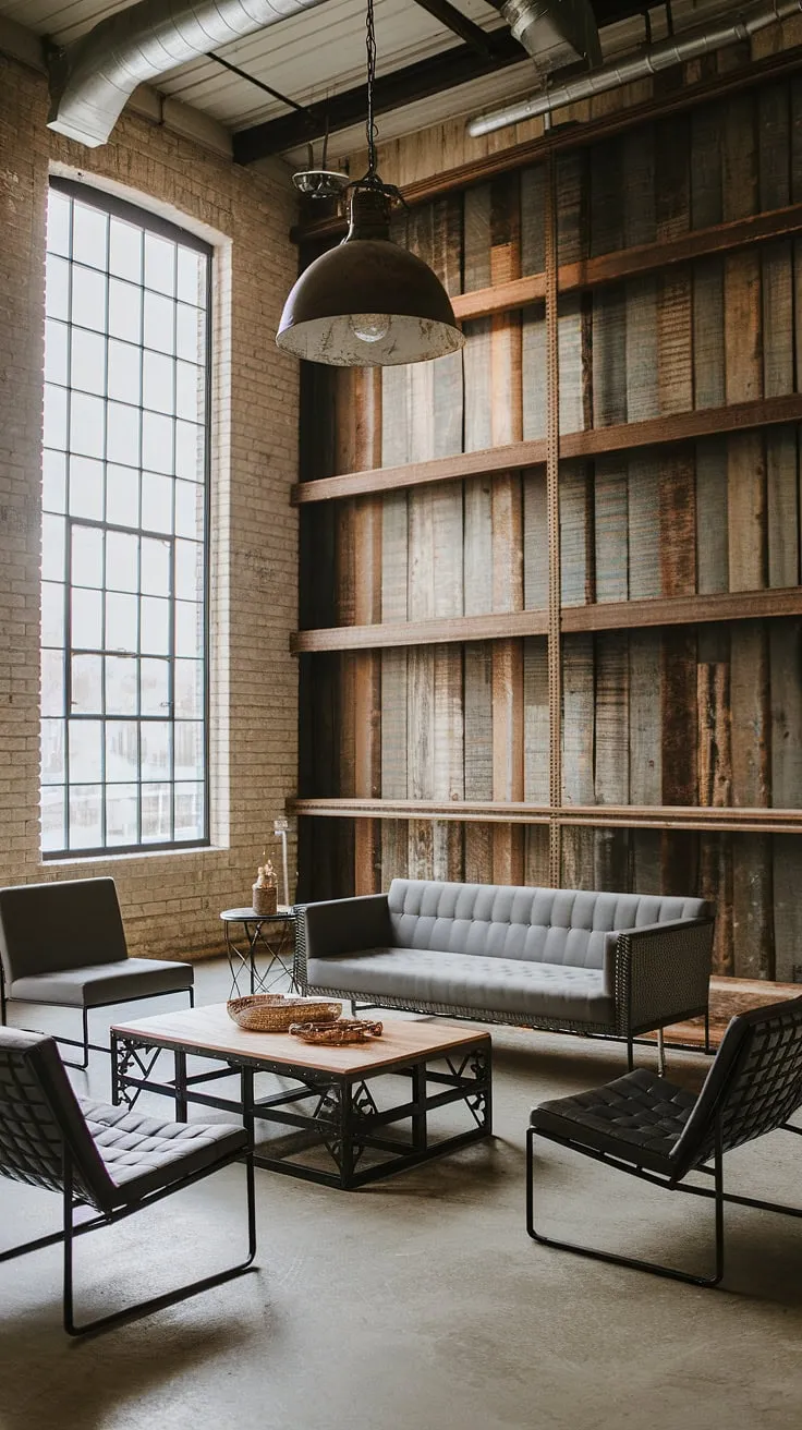 Sunlight streams into this chic industrial living room, where rustic farmhouse charm meets modern industrial design.  The black metal and wood interior design, complemented by industrial style lighting and a large industrial wood living room shelf, creates a cozy yet sophisticated space.