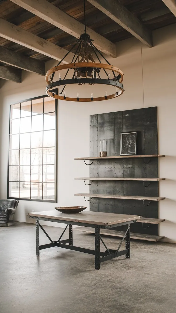 This industrial wood living room perfectly blends rustic charm with modern industrial design.  Black metal and wood interior design elements create a captivating space, embodying the best of industrial farmhouse living.