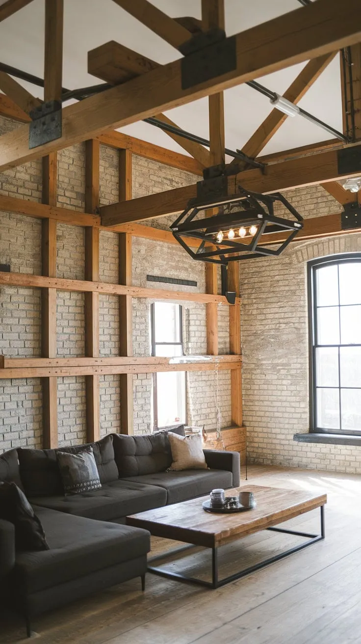 The exposed brick walls and industrial wood living room elements create a stunning backdrop for this comfortable and stylish space.  This industrial farmhouse living room boasts a sophisticated black metal and wood interior design, complete with industrial style lighting that adds a touch of drama. The result is a truly captivating chic industrial living room, a perfect example of rustic industrial home design.