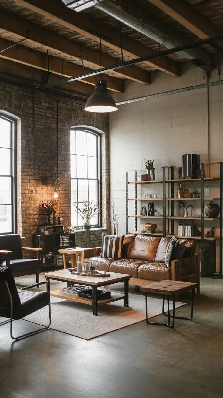 The warmth of reclaimed wood meets the cool edge of black metal in this chic industrial living room.  Rustic industrial home design at its finest, showcasing an industrial farmhouse aesthetic with striking industrial style lighting.