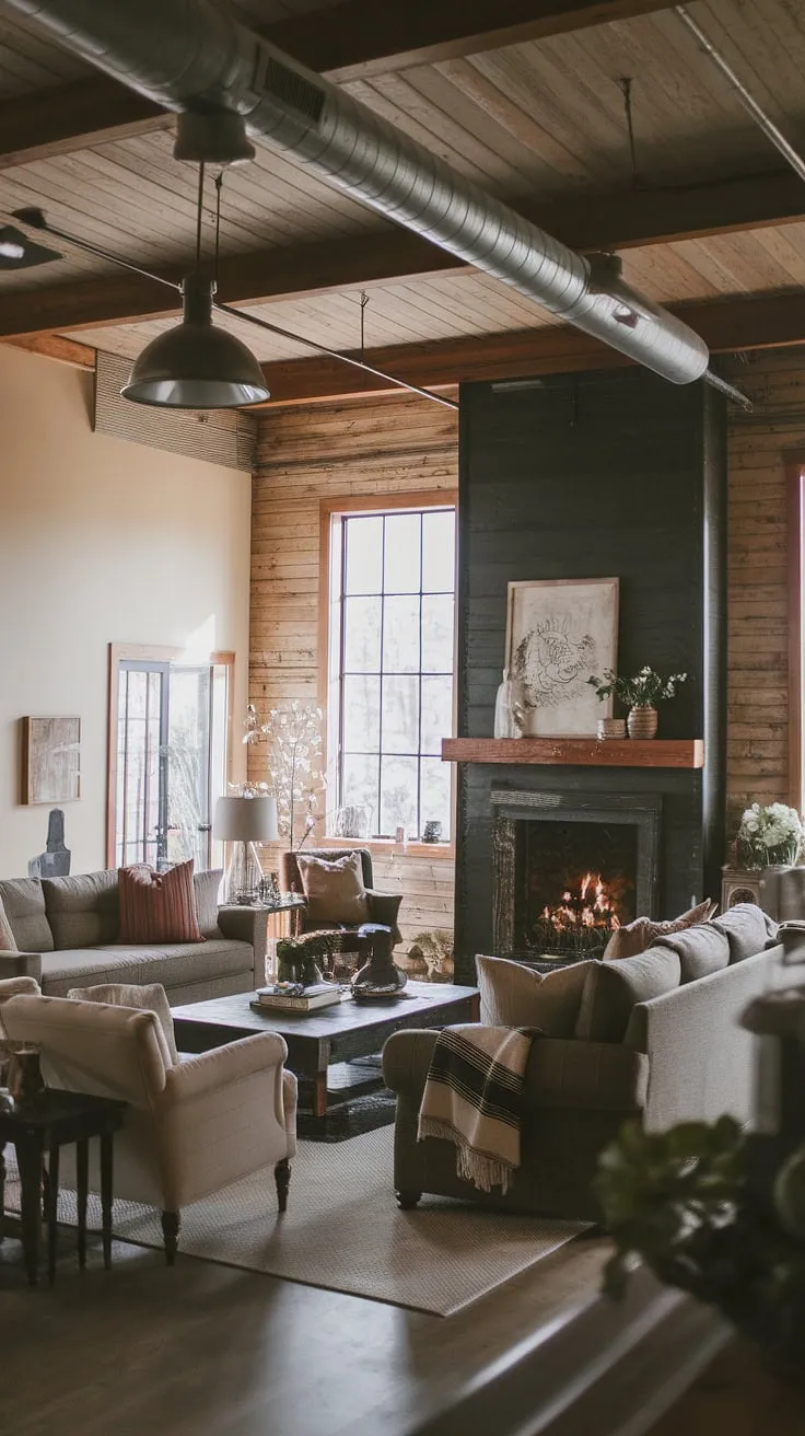 The warmth of reclaimed wood meets the cool edge of black metal in this chic industrial living room.  Rustic industrial home design at its finest, featuring an industrial wood living room aesthetic and industrial style lighting that perfectly complements the black metal and wood interior design.  A true testament to industrial farmhouse living.