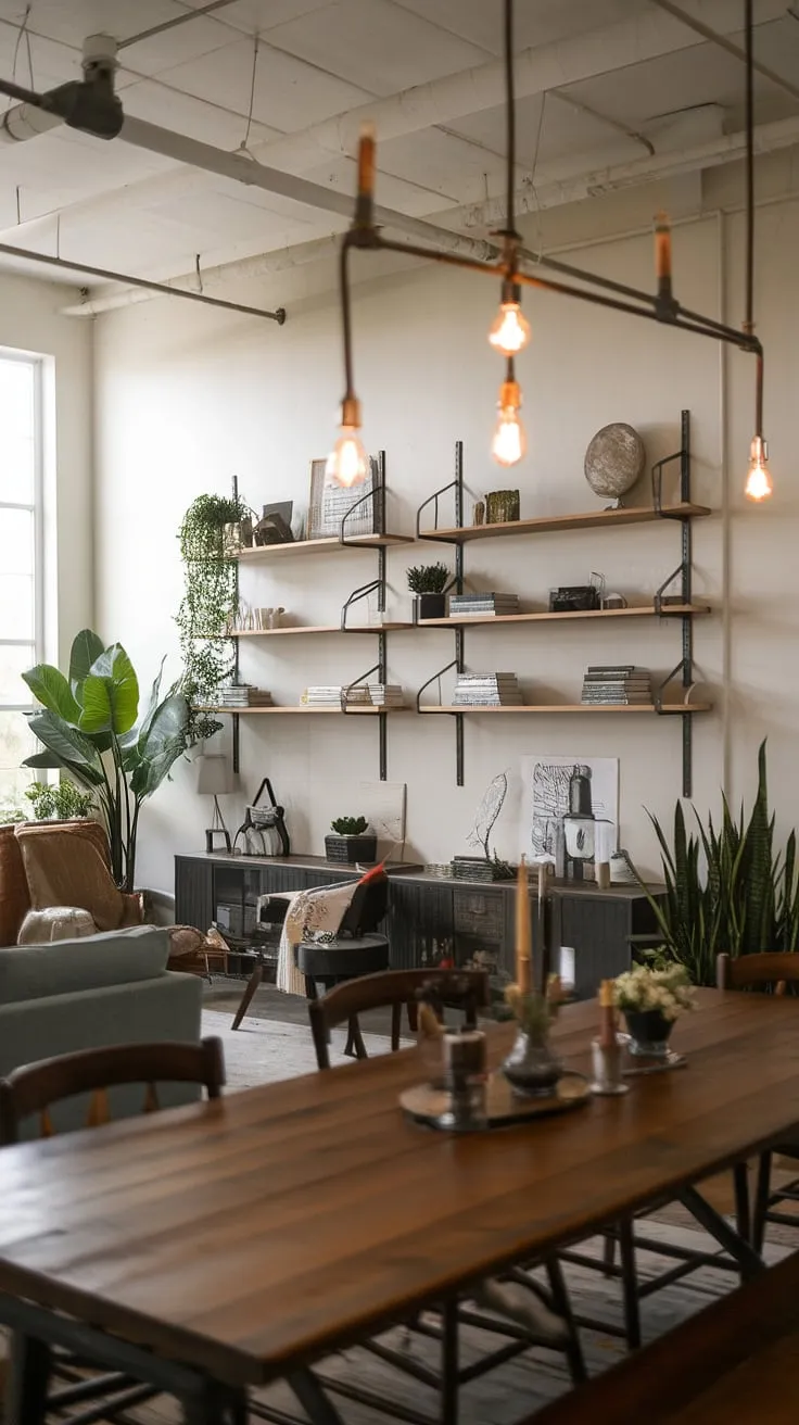 The warmth of reclaimed wood meets the cool edge of black metal in this chic industrial living room.  Rustic industrial home design at its finest, showcasing an industrial farmhouse aesthetic with industrial style lighting that perfectly complements the industrial wood living room's black metal and wood interior design.