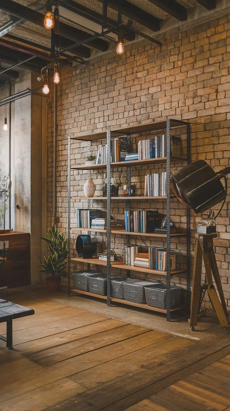The warmth of reclaimed wood meets the cool edge of black metal in this chic industrial living room.  Rustic industrial home design at its finest, featuring industrial style lighting and an effortlessly stylish industrial farmhouse living room aesthetic.