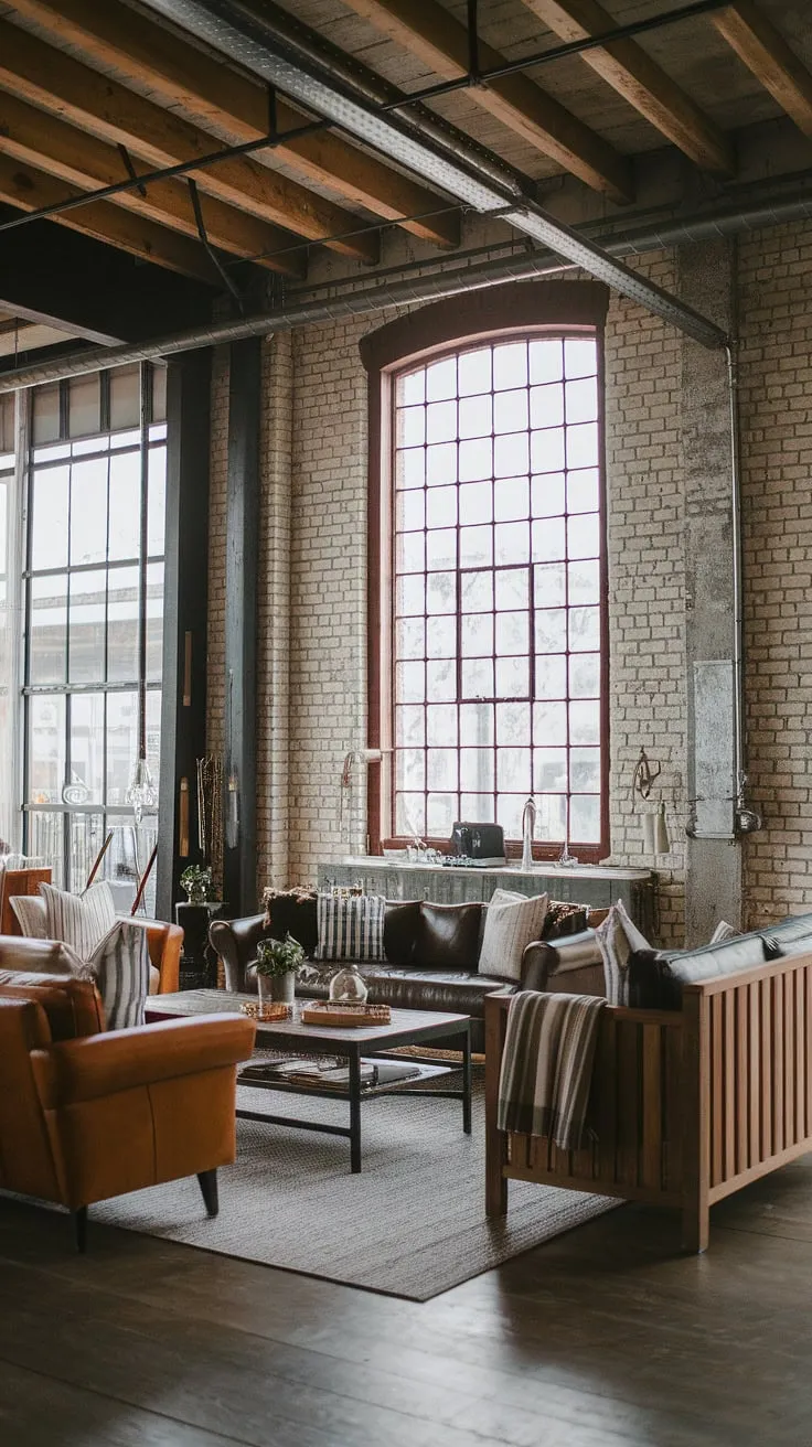 This industrial wood living room perfectly blends rustic charm with industrial strength.  Black metal and wood interior design elements create a captivating space, embodying the essence of industrial farmhouse living.