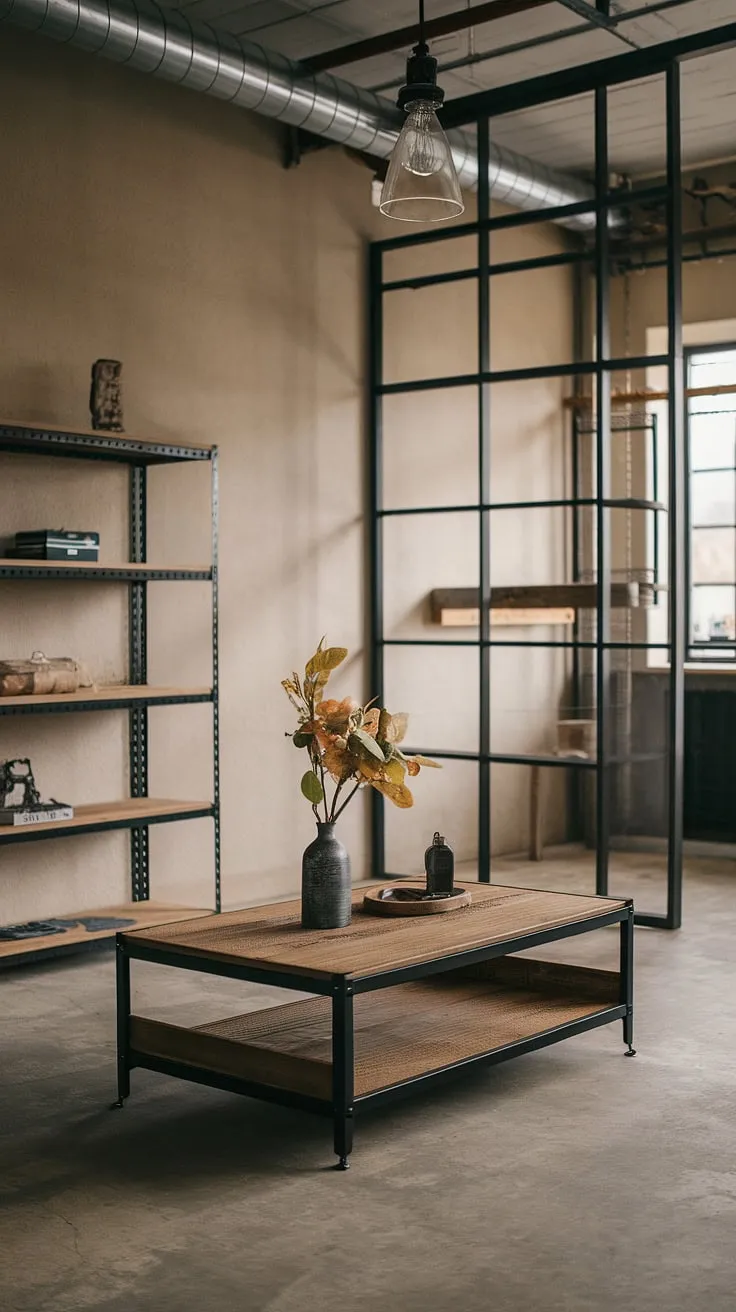 The warmth of reclaimed wood meets the cool edge of black metal in this chic industrial living room.  Rustic industrial home design at its finest, showcasing an industrial farmhouse aesthetic with striking industrial style lighting and a truly unique black metal and wood interior design.