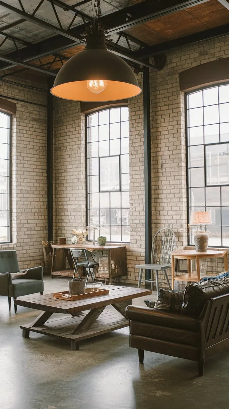 A stunning example of rustic industrial home design, this industrial farmhouse living room boasts a black metal and wood interior design.  The industrial style lighting fixture complements the exposed brick and concrete floor, creating a sophisticated and inviting chic industrial living room.  The industrial wood living room elements add warmth and texture.