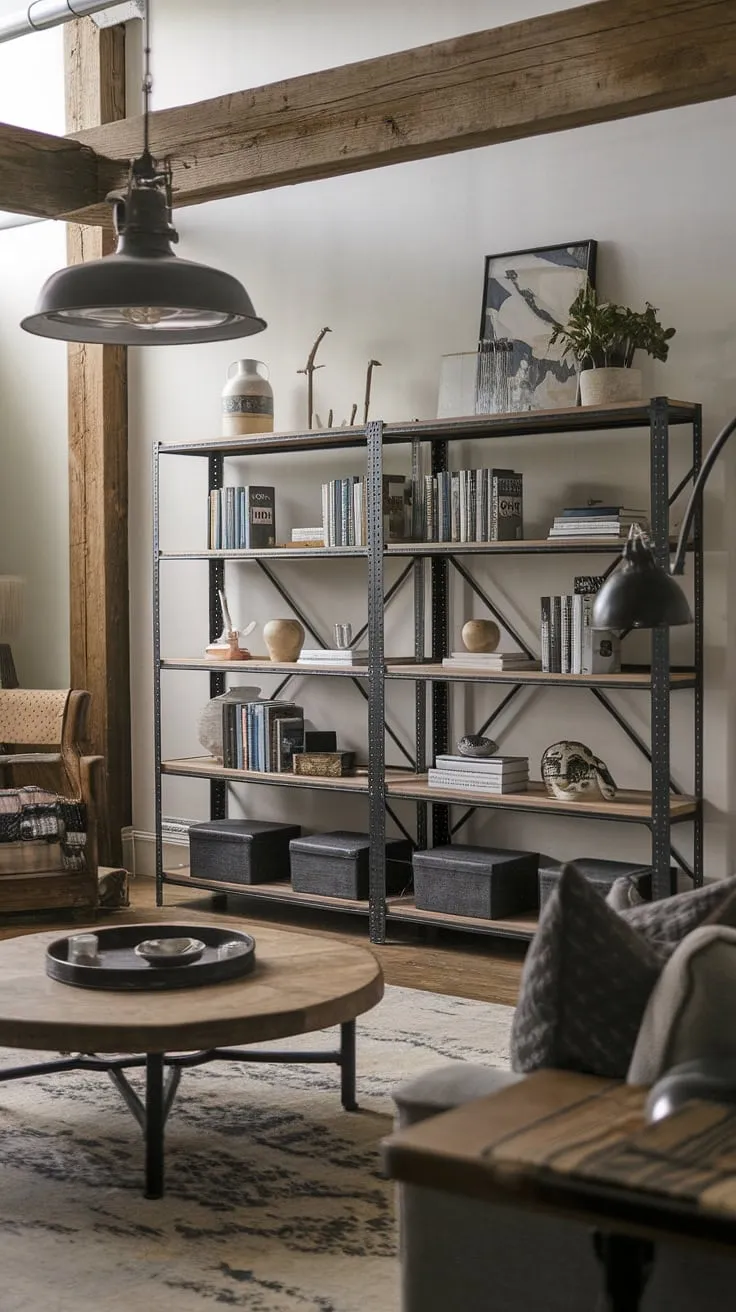 This industrial wood living room perfectly blends rustic charm with modern industrial aesthetics.  Black metal and wood interior design elements create a captivating space, embodying the essence of a sophisticated industrial farmhouse living room.