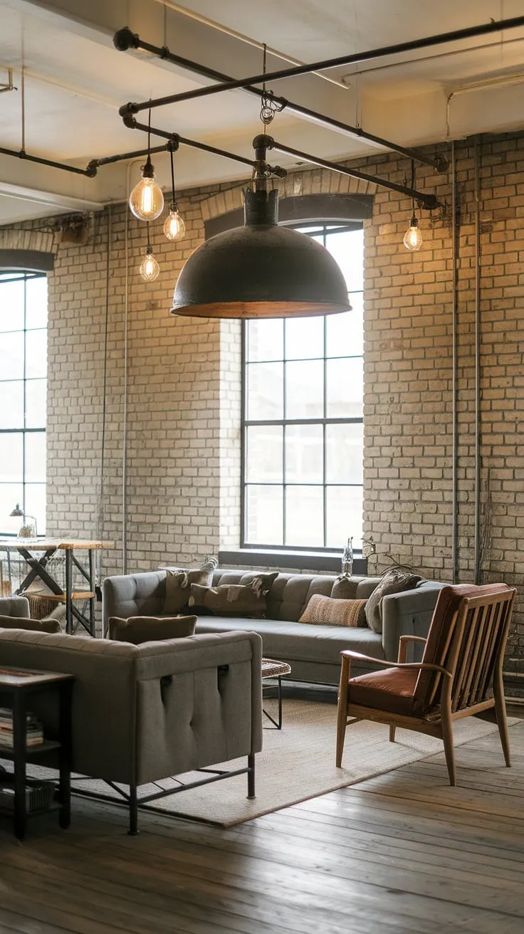 A chic industrial living room defined by its stunning black metal and wood interior design. This industrial wood living room showcases the perfect balance of rustic farmhouse elements and industrial style lighting, creating a truly unique and inviting space within this rustic industrial home design.