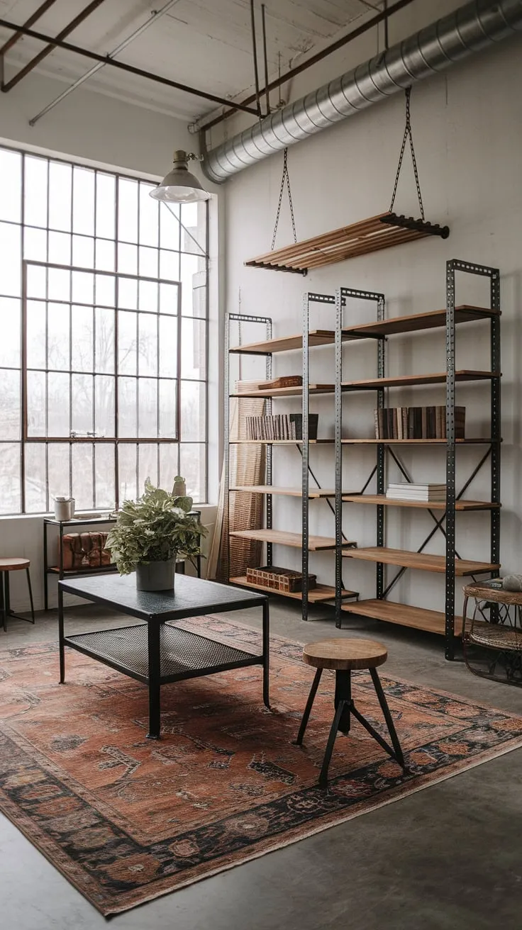 This industrial wood living room perfectly blends rustic charm with urban grit.  Black metal and wood interior design elements create a captivating space, embodying the essence of a sophisticated industrial farmhouse living room.