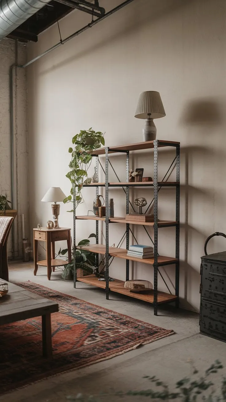 This industrial wood living room showcases the beauty of contrasting textures.  The black metal bookshelf, adorned with a potted plant and industrial style lighting, anchors the space, while the wooden table and vintage rug soften the industrial farmhouse living room's aesthetic.  A testament to the sophisticated simplicity of black metal and wood interior design, this space embodies a chic industrial living room feel.