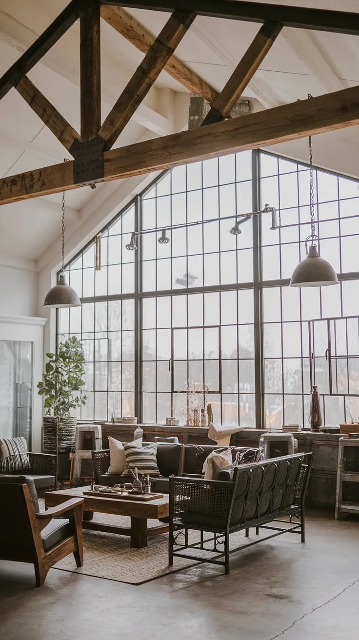 This industrial wood living room showcases the beauty of black metal and wood interior design.  The result? A captivating blend of rustic charm and modern industrial style, perfect for those seeking a unique and inviting industrial farmhouse living room.