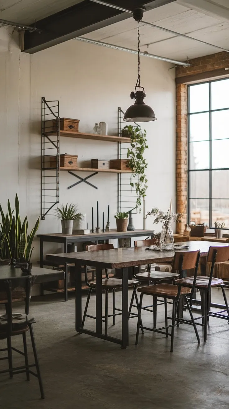 A stunning example of an industrial wood living room, this space showcases a black metal and wood interior design that's both sophisticated and comfortable.  The chic industrial living room features industrial style lighting and thoughtful details, creating a perfect balance between rustic industrial home design and modern farmhouse aesthetics.