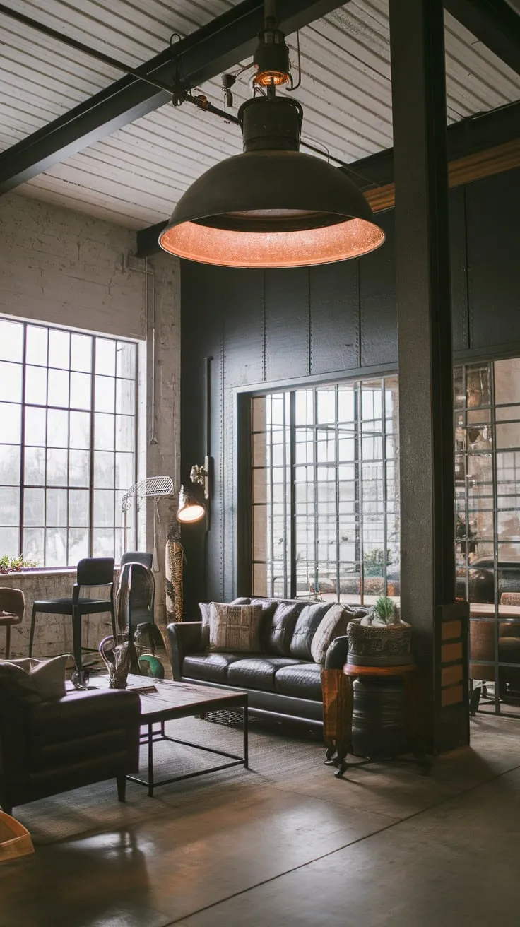 A stunning example of an industrial wood living room, this space showcases a masterful blend of textures and styles. The black metal and wood interior design is elevated by the industrial style lighting, resulting in a chic industrial living room that embodies the perfect rustic industrial home design.