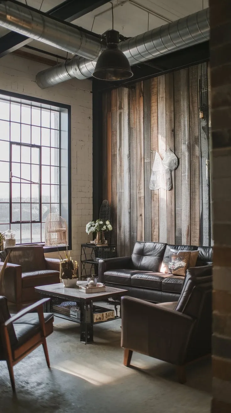 This rustic industrial home design seamlessly blends the warmth of an industrial wood living room with the sleekness of a black metal and wood interior design.  The chic industrial living room is bathed in natural light, enhanced by industrial style lighting, creating the perfect industrial farmhouse living room.