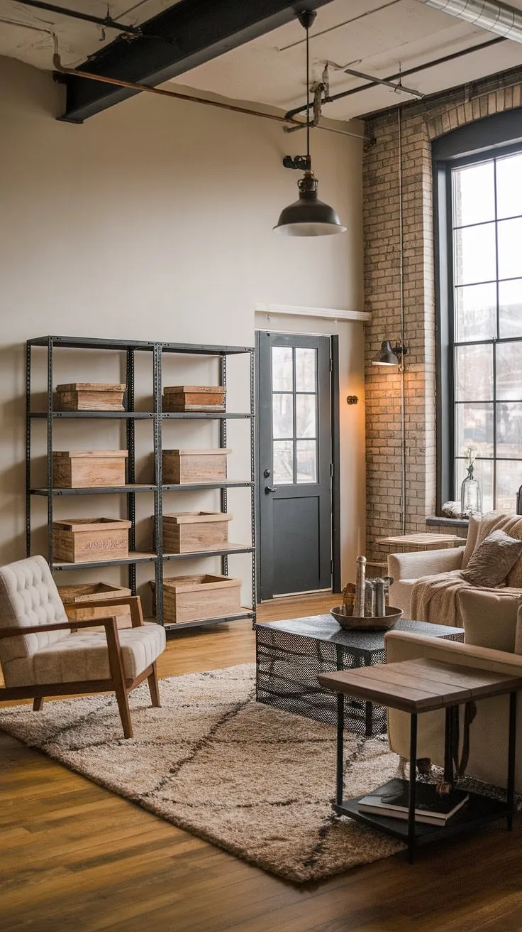 This industrial wood living room perfectly blends rustic charm with modern industrial design. Black metal and wood interior design elements create a captivating space, embodying the best of industrial farmhouse living.
