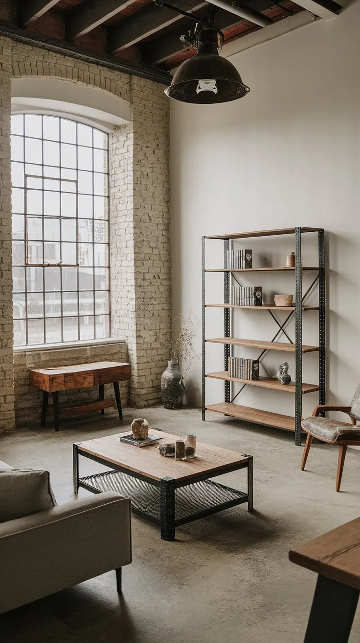 The warmth of reclaimed wood meets the cool edge of black metal in this chic industrial living room.  Rustic industrial home design at its finest, showcasing an industrial farmhouse aesthetic with striking industrial style lighting and an overall black metal and wood interior design that's both inviting and sophisticated.