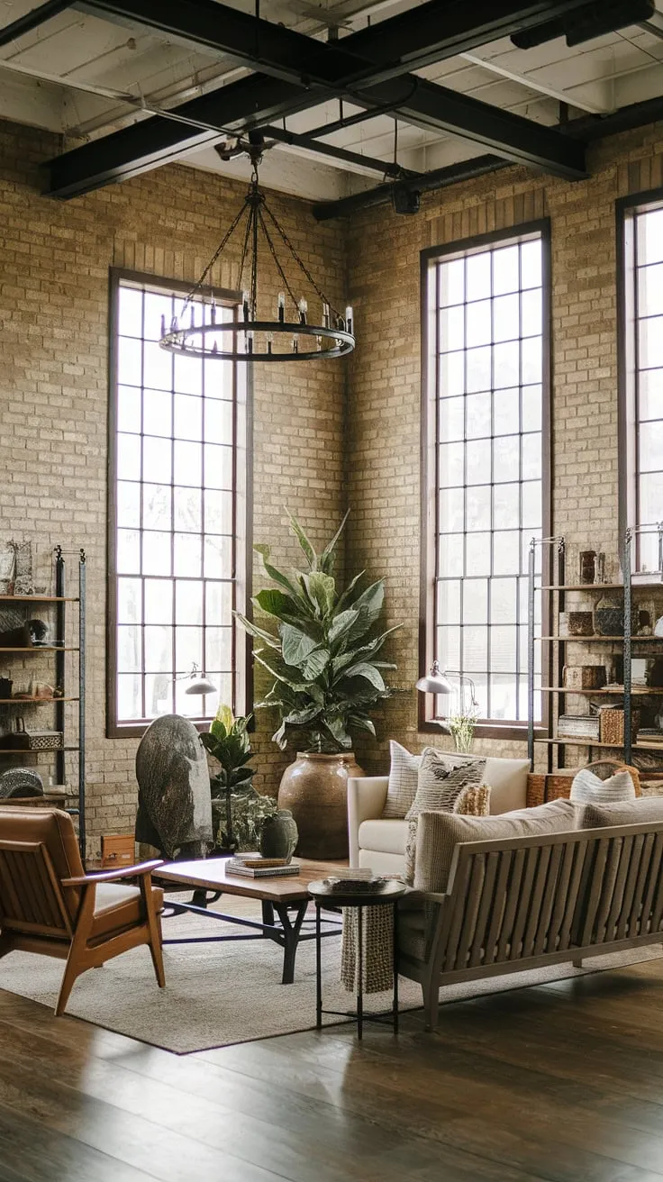 Sunlight streams into this chic industrial living room, where rustic industrial home design meets modern comfort.  The black metal and wood interior design, featuring exposed brick and industrial style lighting, creates a warm and inviting atmosphere in this industrial farmhouse living room. The industrial wood living room's high ceilings and thoughtful details complete the look.