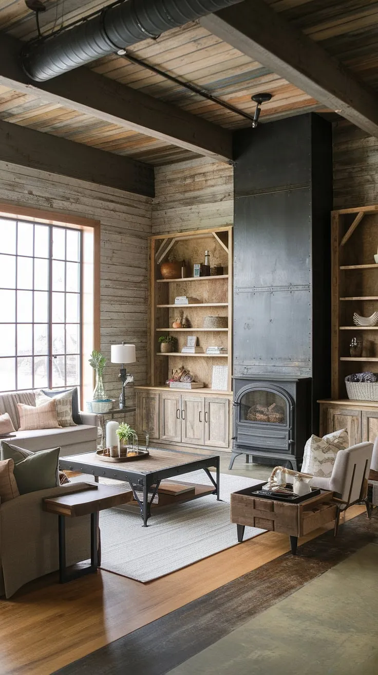 The warmth of reclaimed wood meets the cool edge of black metal in this chic industrial living room.  Rustic industrial home design at its finest, showcasing an industrial farmhouse living room with striking industrial style lighting.