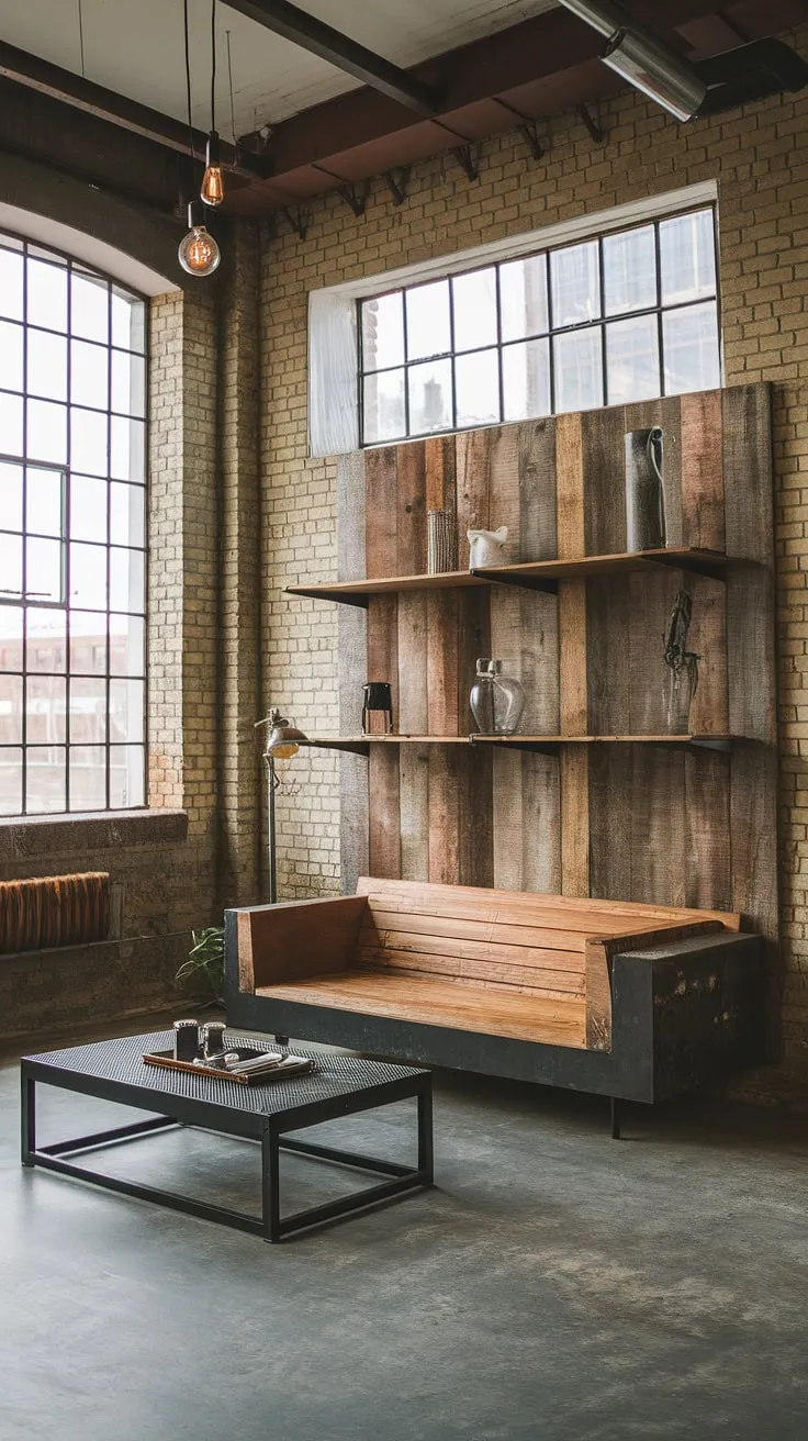 A stunning example of rustic industrial home design, this industrial farmhouse living room boasts a sophisticated blend of textures and materials. The black metal frame sofa, industrial wood shelf, and concrete floor are beautifully balanced by the warm tones of the wood and the soft glow of the industrial style lighting, creating a truly inviting atmosphere.