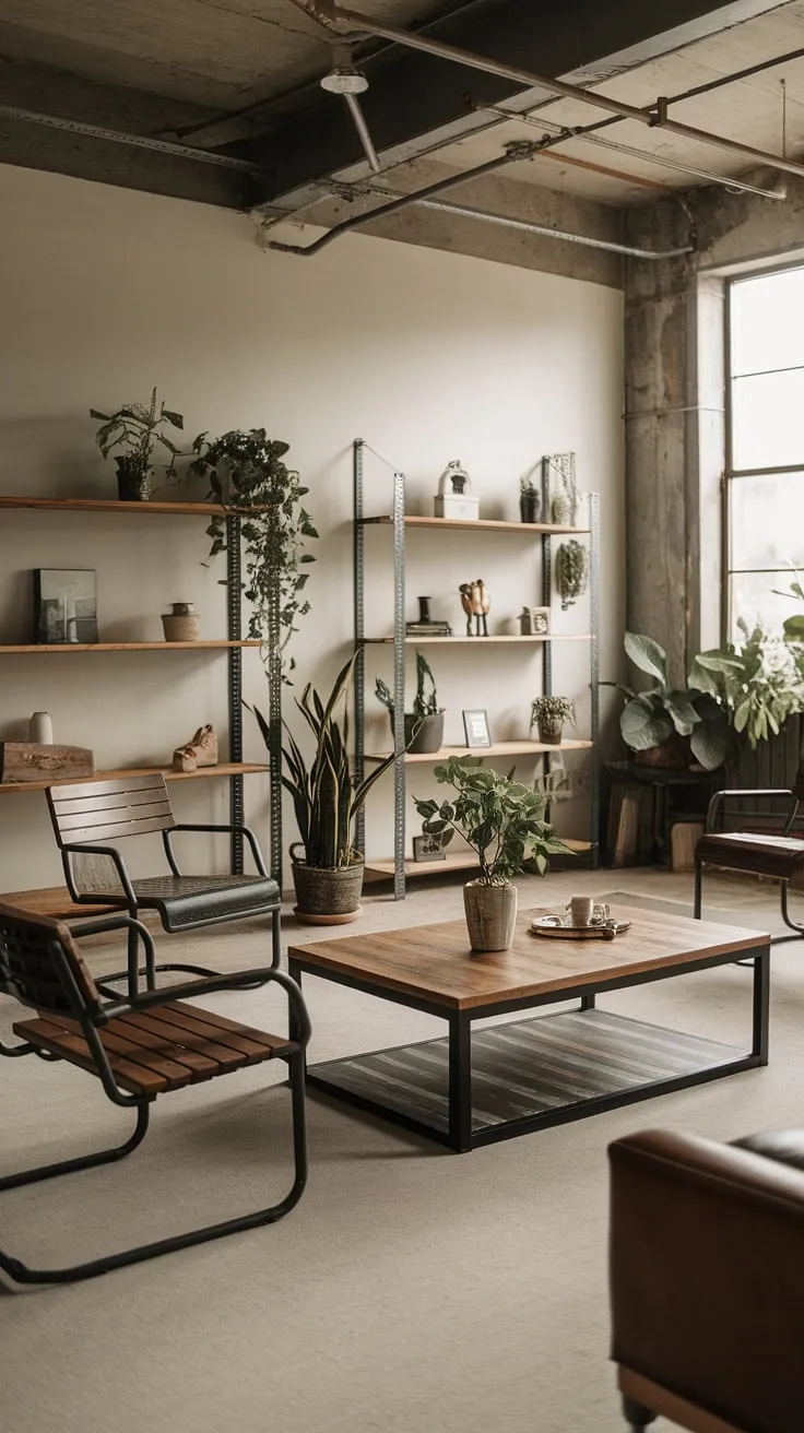 The warmth of reclaimed wood meets the cool edge of black metal in this chic industrial living room.  Rustic industrial home design at its finest, showcasing an industrial farmhouse aesthetic with industrial style lighting that perfectly complements the industrial wood living room's black metal and wood interior design.