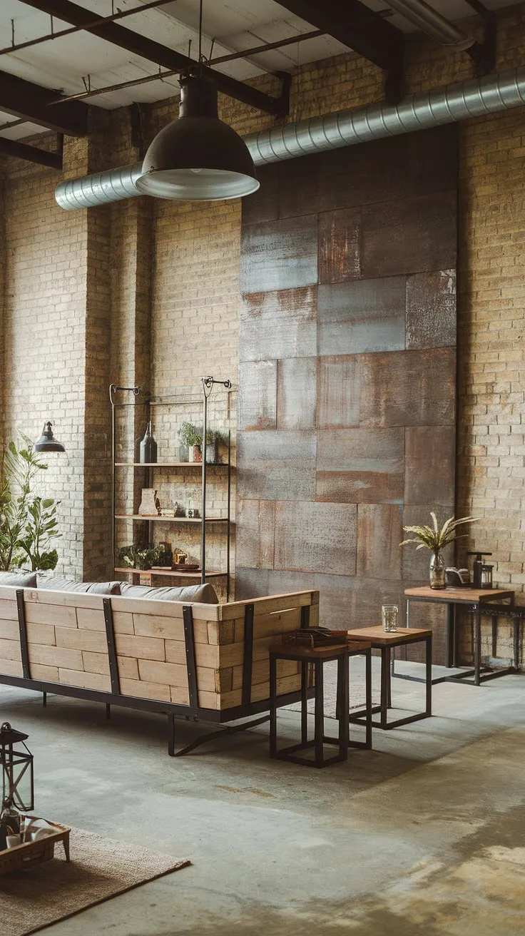 The warmth of an industrial wood living room meets the cool edge of black metal in this stunning space.  This industrial farmhouse living room showcases a masterful blend of textures and materials, proving that rustic industrial home design can be both sophisticated and comfortable.