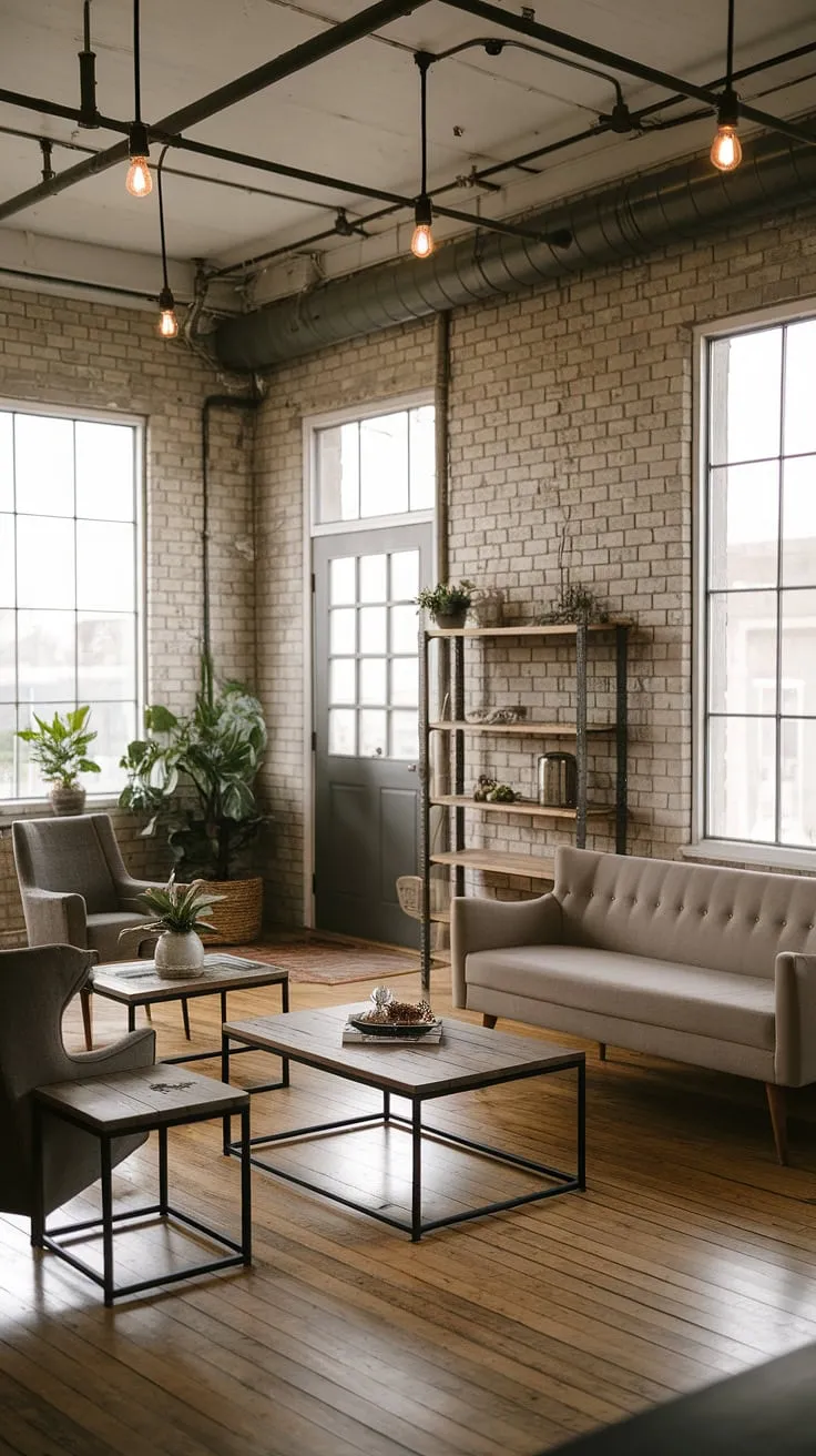 The warmth of reclaimed wood meets the cool edge of black metal in this chic industrial living room.  Rustic industrial home design at its finest, showcasing an industrial farmhouse living room with striking industrial style lighting.