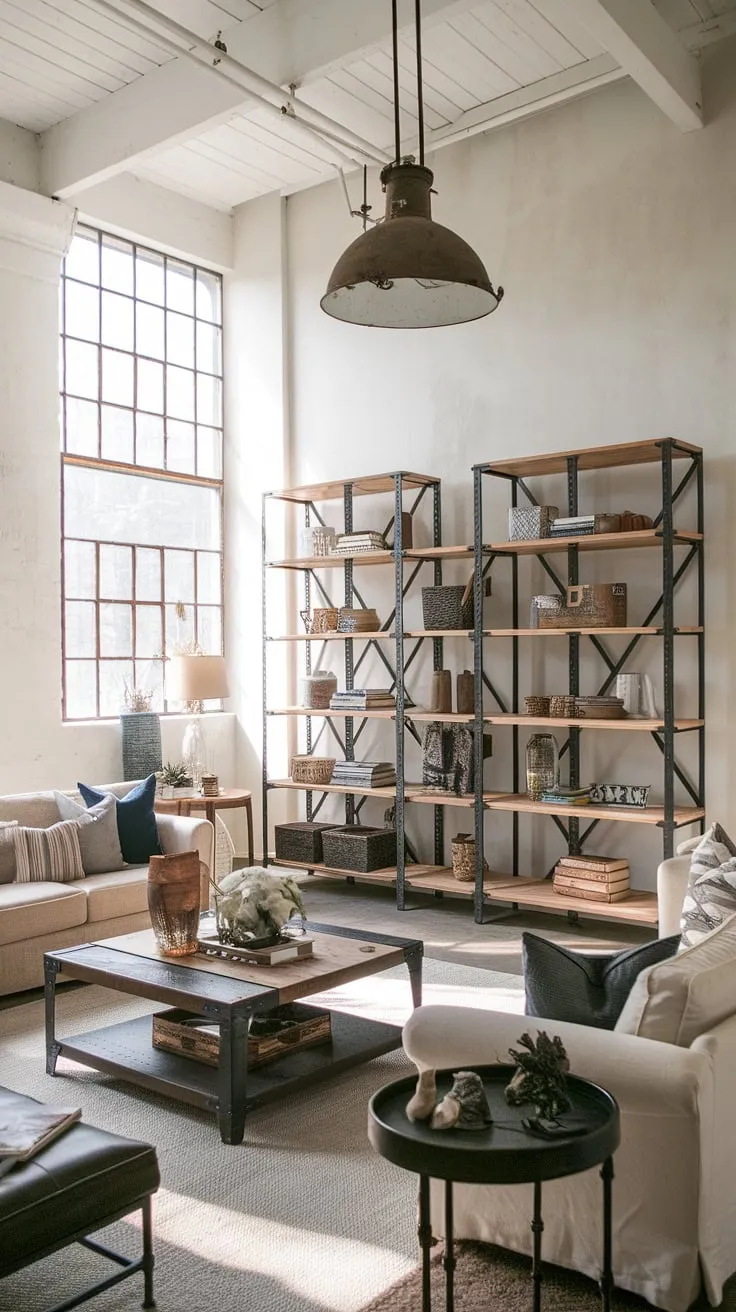 This industrial wood living room showcases the beauty of a black metal and wood interior design.  The high ceilings and abundant natural light highlight the stunning industrial farmhouse living room aesthetic, while the industrial style lighting adds a touch of raw elegance to this chic industrial living room and rustic industrial home design.