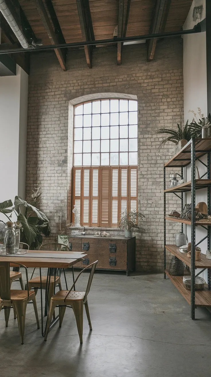 Industrial decor meets farmhouse design ideas in this stunning warehouse style space.  The combination of reclaimed wood, metal accents, and exposed brick walls showcases the beauty of industrial interior design, while the carefully chosen plants and wooden furniture add a touch of warmth and rustic charm, creating the ultimate industrial farmhouse decor.