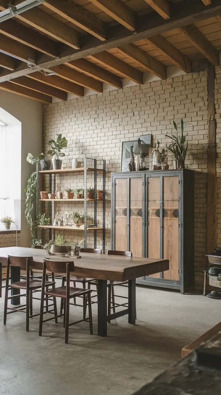This industrial decor space masterfully blends the best of both worlds.  Farmhouse design ideas are evident in the inviting wooden table and the thoughtfully placed greenery, while the exposed brick and concrete floor deliver a raw warehouse style decor feel.  The result is a captivating industrial interior design that's both stylish and lived-in.
