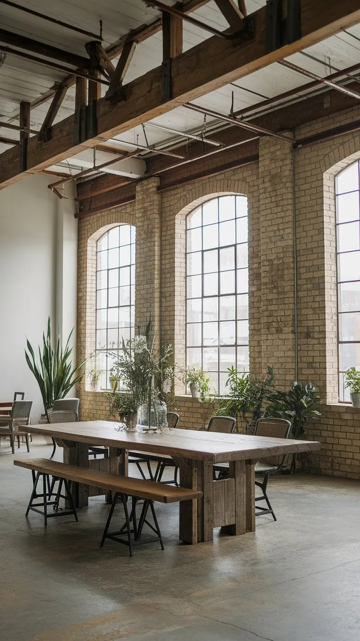 This stunning space seamlessly blends industrial farmhouse decor with warehouse style decor, showcasing the best of both worlds in industrial interior design.  The result is a unique and inviting farmhouse design ideas that's both rustic and refined.