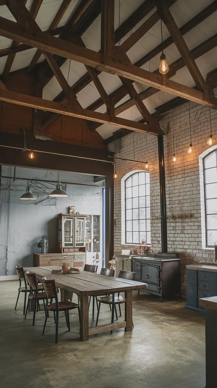 Raw industrial elements meet rustic farmhouse charm in this captivating interior.  Industrial decor and warehouse style decor combine effortlessly to create a space brimming with character and warmth, offering inspiring farmhouse design ideas for your own home.