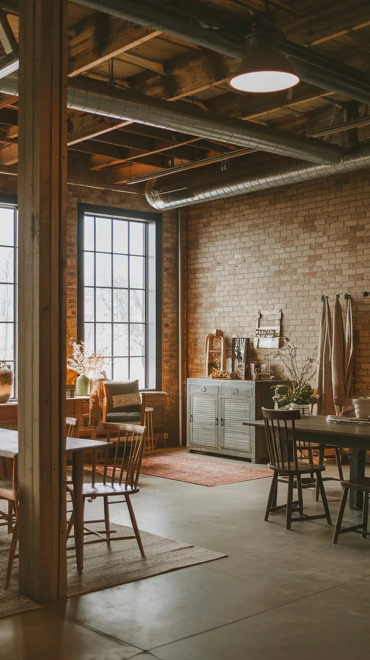 This stunning space seamlessly blends industrial farmhouse decor with warehouse style decor, showcasing the best of both worlds in industrial interior design.  The result is a rustic yet refined aesthetic, brimming with farmhouse design ideas.