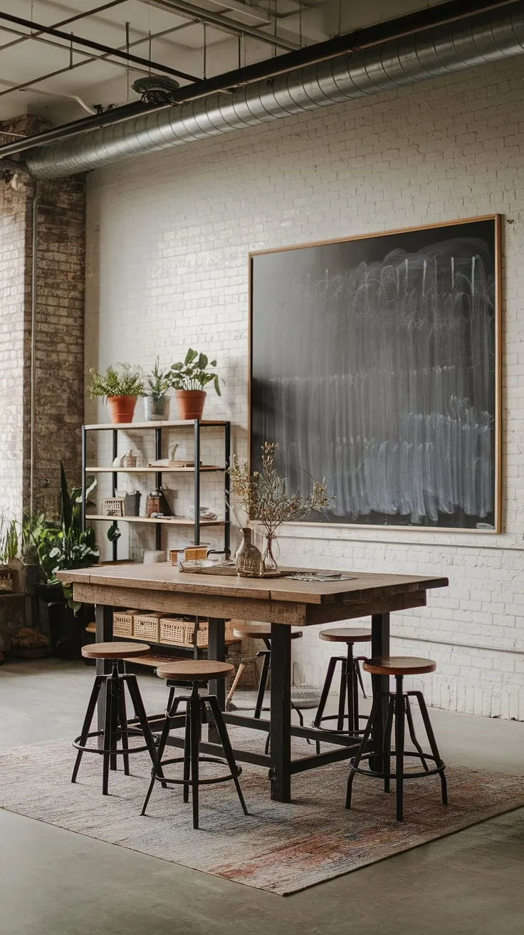 This stunning space seamlessly blends industrial farmhouse decor with warehouse style decor, showcasing the best of both worlds in industrial interior design.  The result is a unique and inviting farmhouse design ideas that's both rustic and refined.