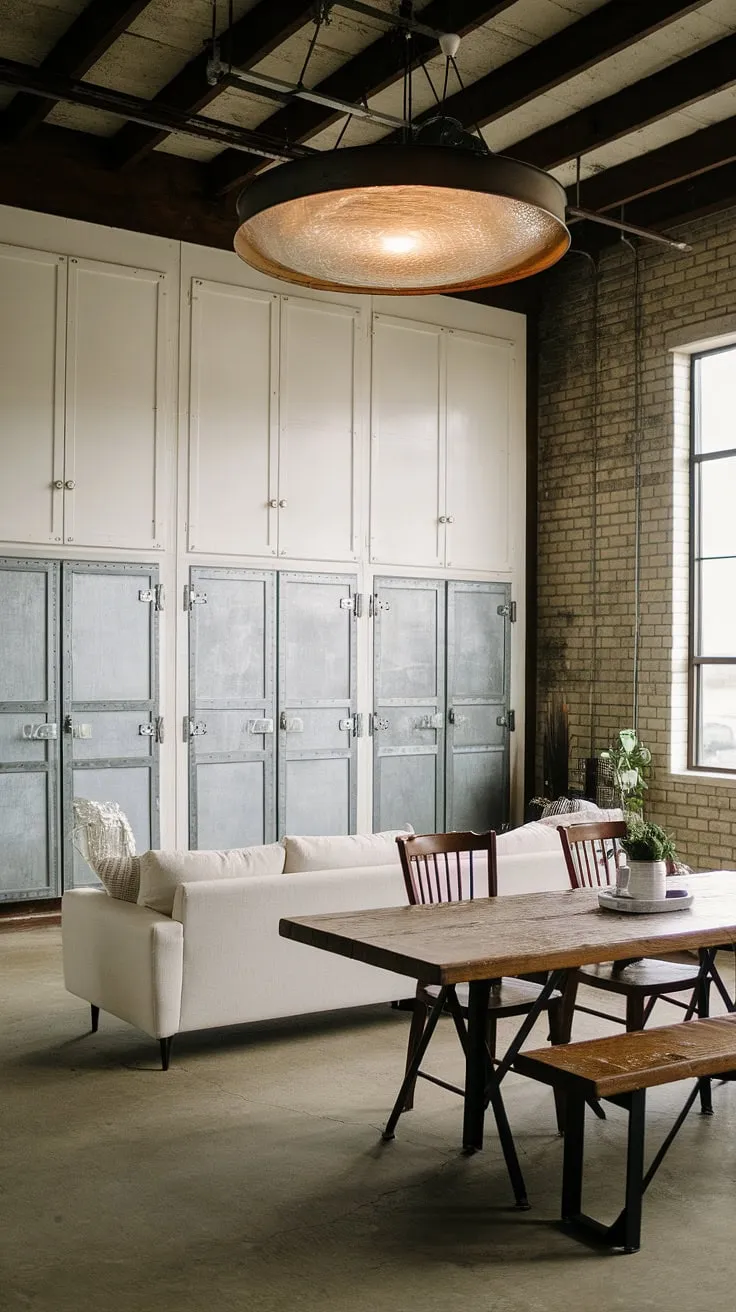 This stunning space seamlessly blends industrial farmhouse decor with warehouse style decor, showcasing the best of both worlds in industrial interior design.  The result is a unique and inviting farmhouse design ideas that's both rustic and refined.