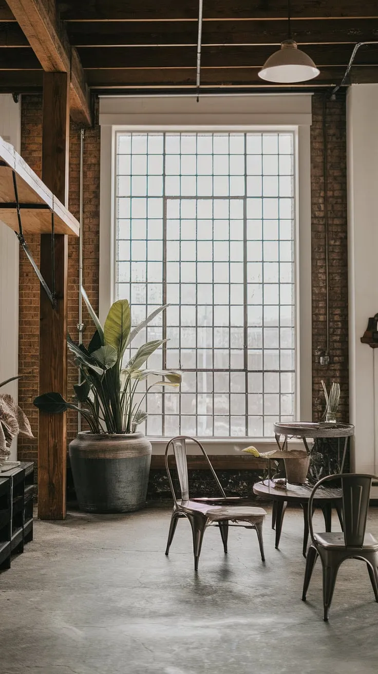 This stunning space seamlessly blends industrial farmhouse decor with warehouse style decor, showcasing the best of both worlds in its unique industrial interior design.  The result is a breathtaking farmhouse design ideas masterpiece.