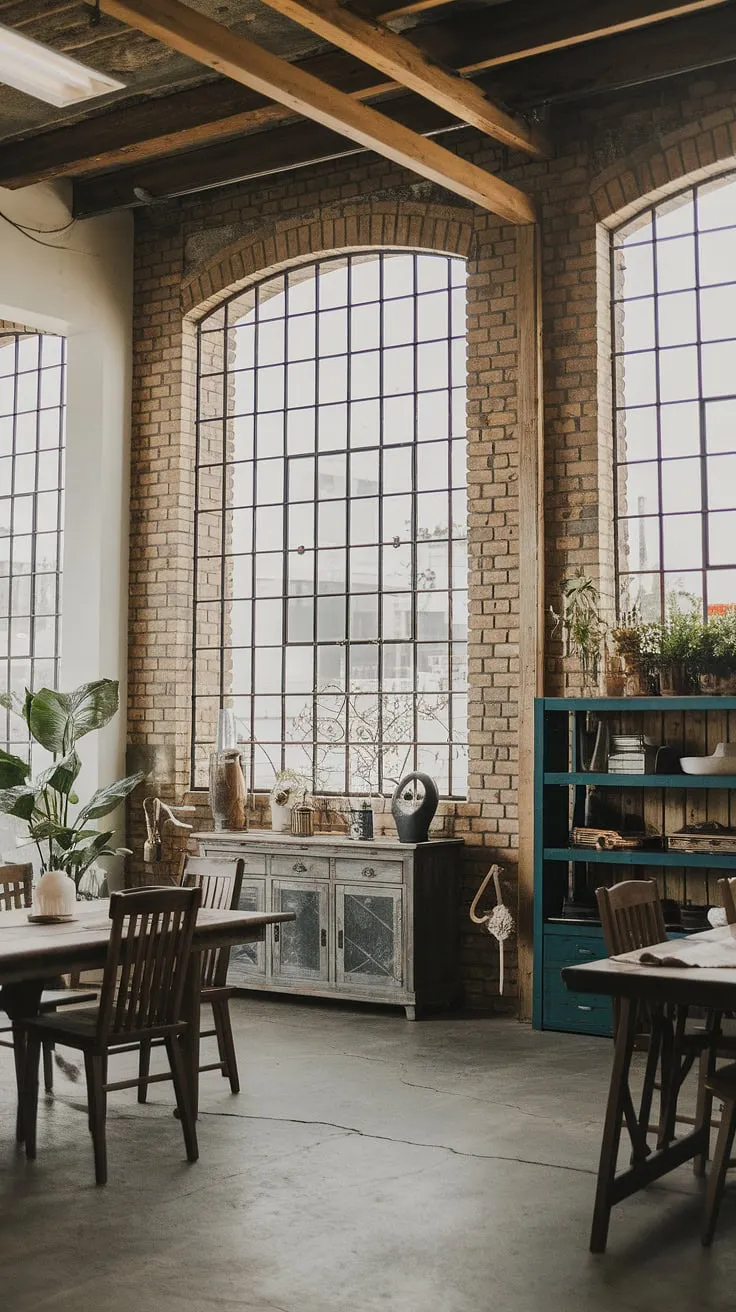 Rustic charm meets urban grit in this stunning industrial farmhouse decor.  The warehouse style high ceilings and exposed brick walls create a dramatic backdrop for the warm wood tones and farmhouse design ideas, showcasing the best of industrial interior design.