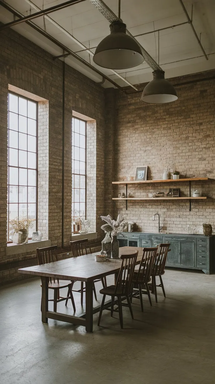 This industrial decor masterpiece blends the best of farmhouse design ideas with warehouse style aesthetics.  The high ceilings, industrial lights, and exposed brick walls create a dramatic setting, while the large wooden dining table anchors the space with rustic charm.  A perfect example of industrial farmhouse decor at its finest.