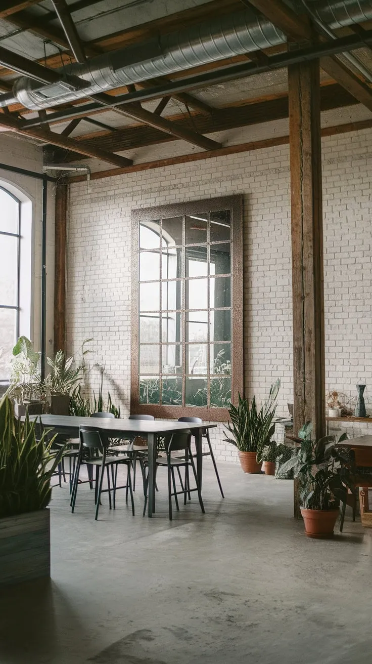This stunning space seamlessly blends industrial farmhouse decor with warehouse style decor, showcasing the best of both worlds in industrial interior design.  The result is a unique and inviting farmhouse design ideas that's both rustic and refined.