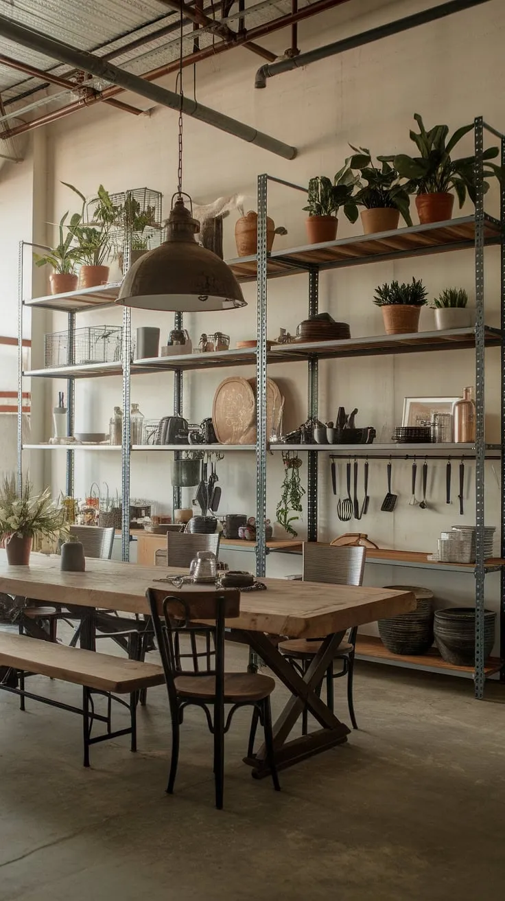 Raw industrial elements meet rustic farmhouse charm in this captivating interior.  Industrial decor and warehouse style decor combine effortlessly to create a truly inspiring farmhouse design idea, a testament to the beauty of industrial interior design.