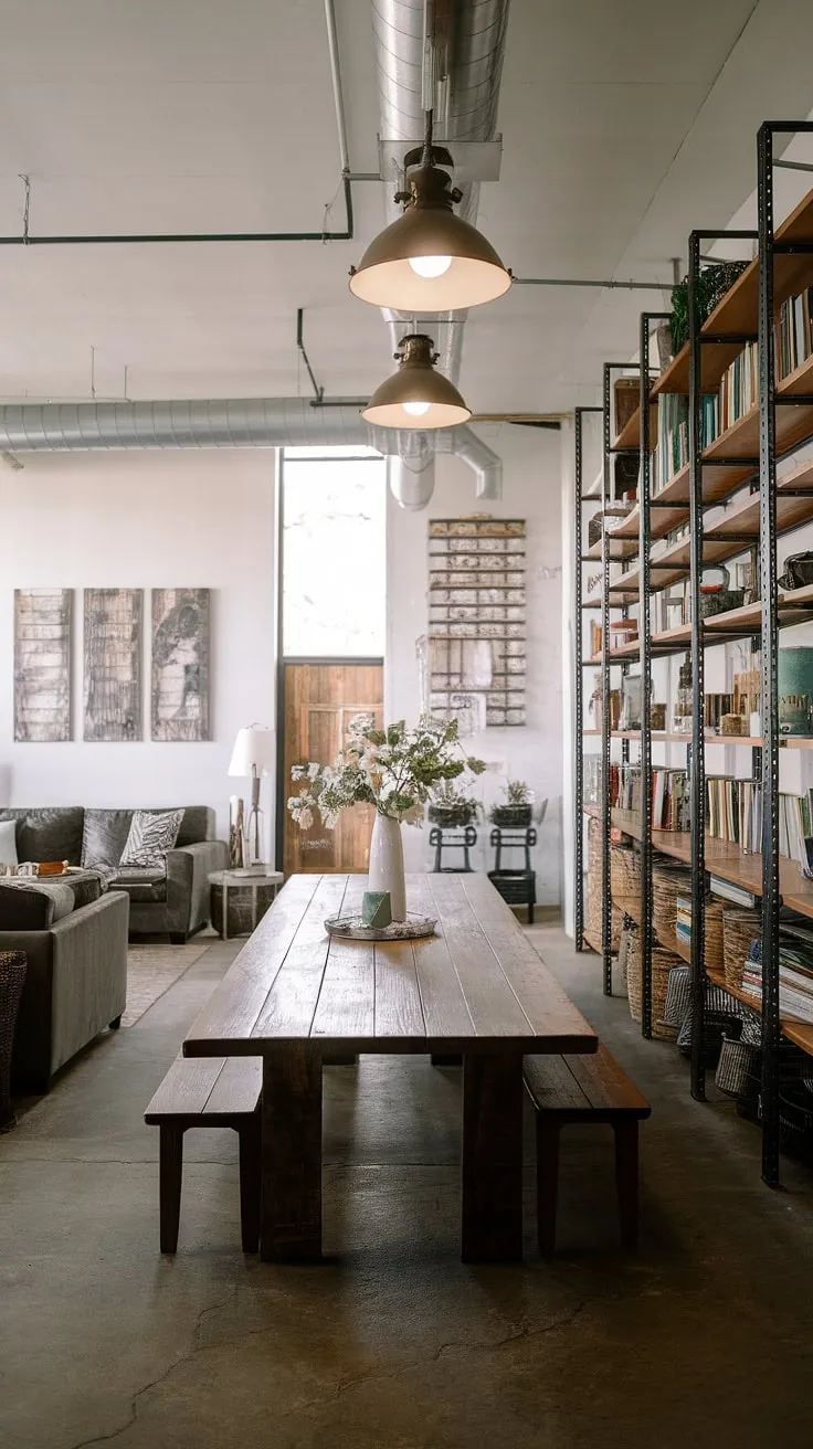 Industrial decor meets farmhouse charm in this breathtaking interior.  Warehouse style decor elements are masterfully incorporated into a warm and inviting space, offering a fresh take on farmhouse design ideas and showcasing the versatility of industrial interior design.