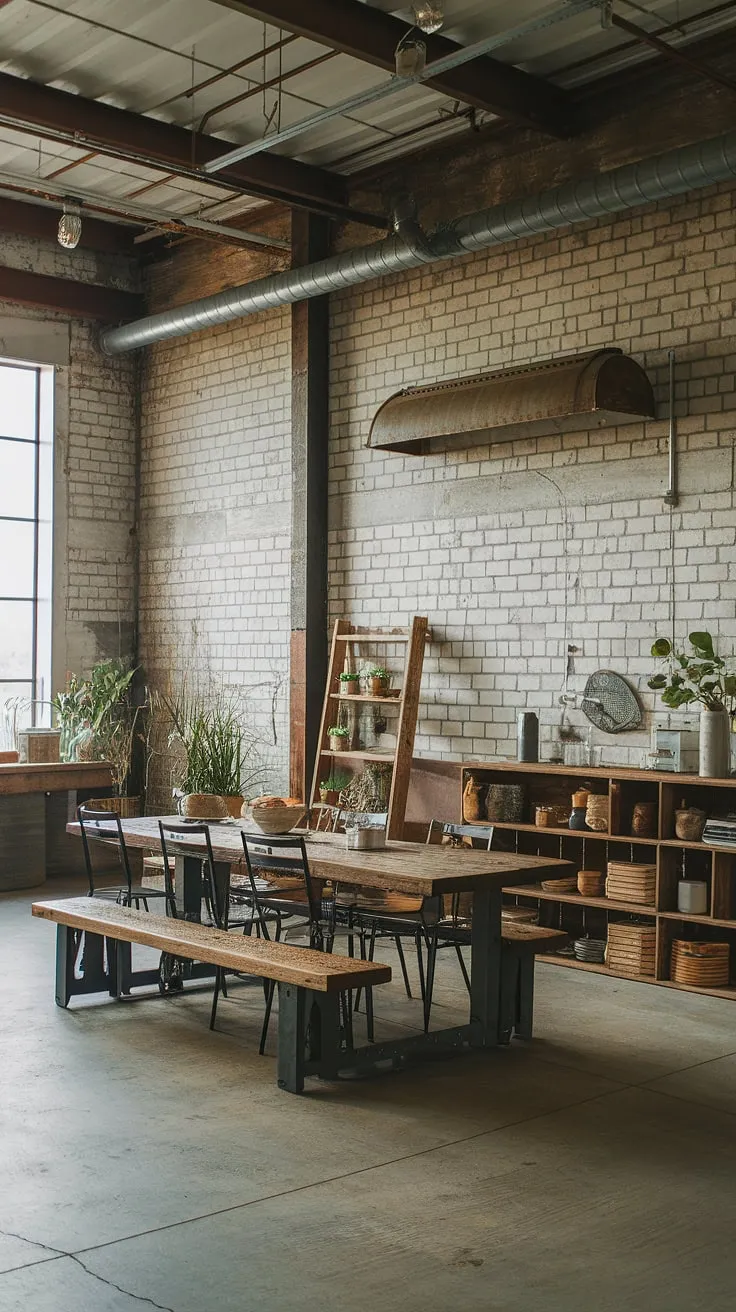 This stunning space seamlessly blends industrial farmhouse decor with warehouse style decor, showcasing the best of both worlds in industrial interior design.  The result is a unique and inviting farmhouse design ideas that's both rustic and refined.