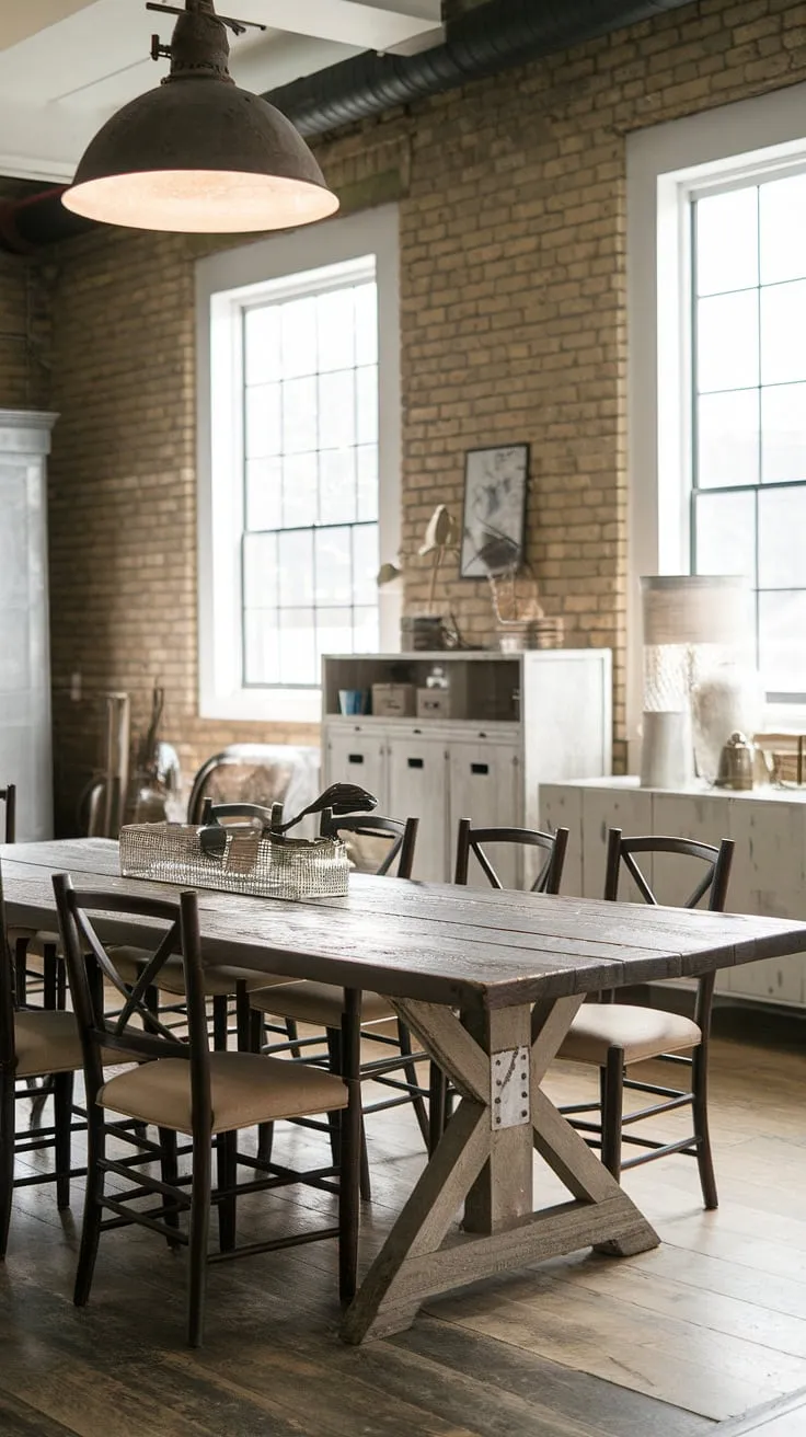 Exposed brick and a massive reclaimed wood table define this industrial decor space.  The blend of farmhouse design ideas and warehouse style decor creates a unique and inviting atmosphere. This industrial interior design is both rustic and refined.